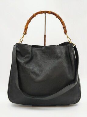 Vintage Gucci Bamboo Handle Black Leather Shoulder Bag Tote
